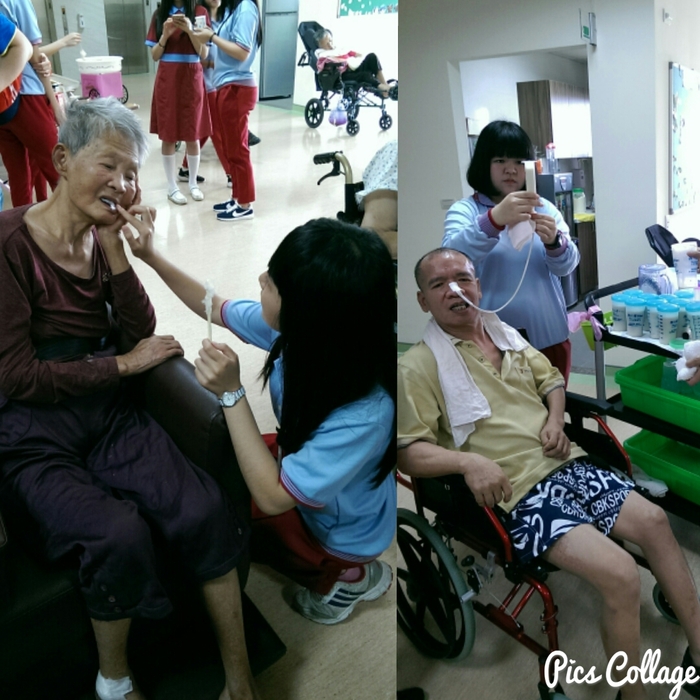 同學們幫老人餵食~~